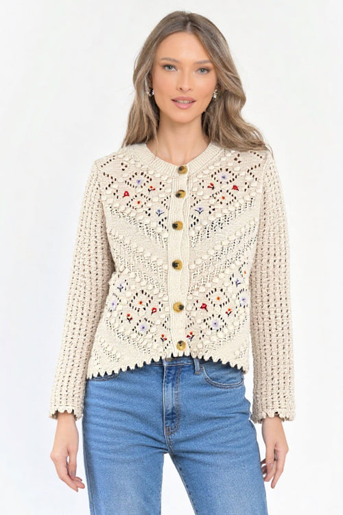 Cardigan crem cu broderie colorată Natalee