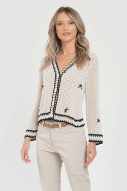 Cardigan crem cu margini negre și detalii decorative Natalee