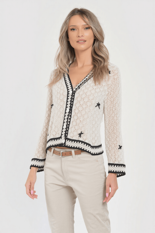 Cardigan crem cu margini negre și detalii decorative Natalee
