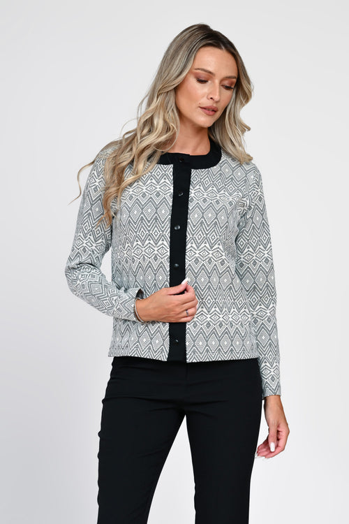 Cardigan damă alb-negru cu model geometric Adelina Natalee
