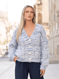 Cardigan damă bleu cu model texturat și franjuri Ilinca Natalee