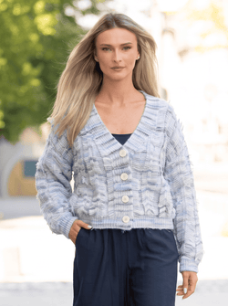 Cardigan damă bleu cu model texturat și franjuri Ilinca Natalee