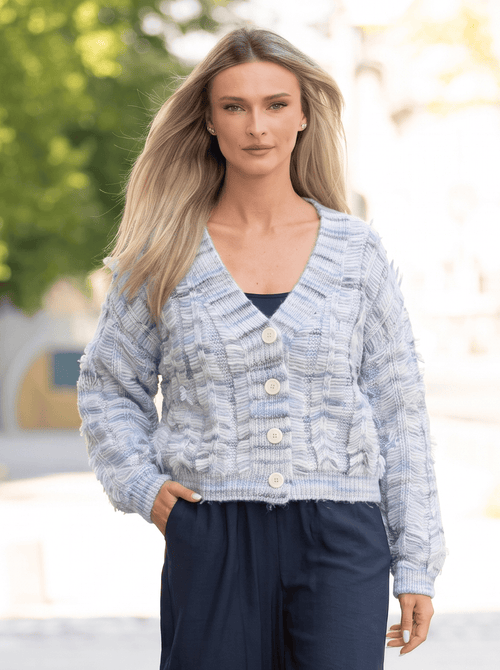Cardigan damă bleu cu model texturat și franjuri Ilinca Natalee