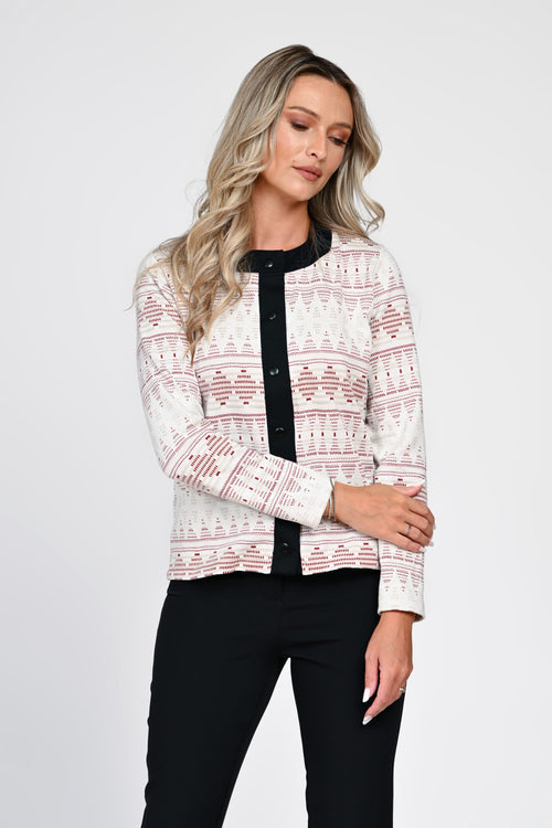 Cardigan damă crem cu model geometric bordo Adelina Natalee Fashion