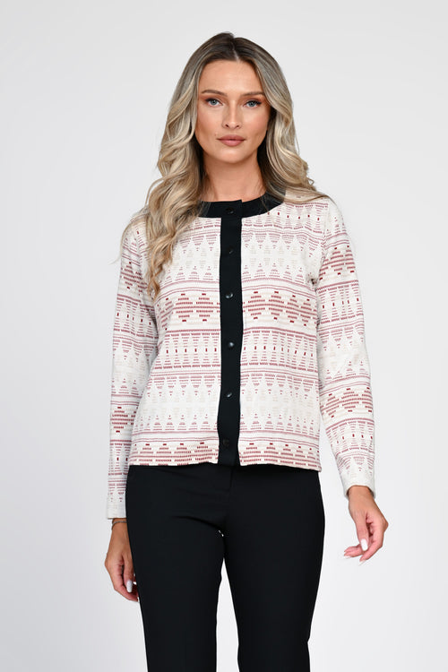 Cardigan damă crem cu model geometric bordo Adelina Natalee Fashion