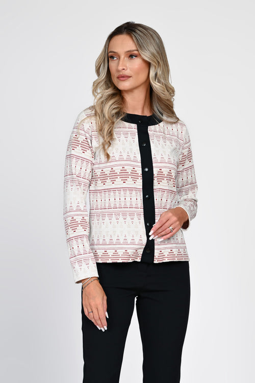 Cardigan damă crem cu model geometric bordo Adelina Natalee Fashion
