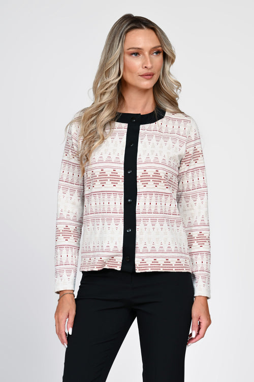 Cardigan damă crem cu model geometric bordo Adelina Natalee Fashion
