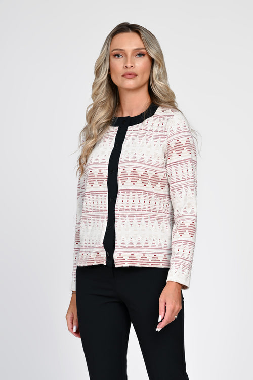 Cardigan damă crem cu model geometric bordo Adelina Natalee Fashion
