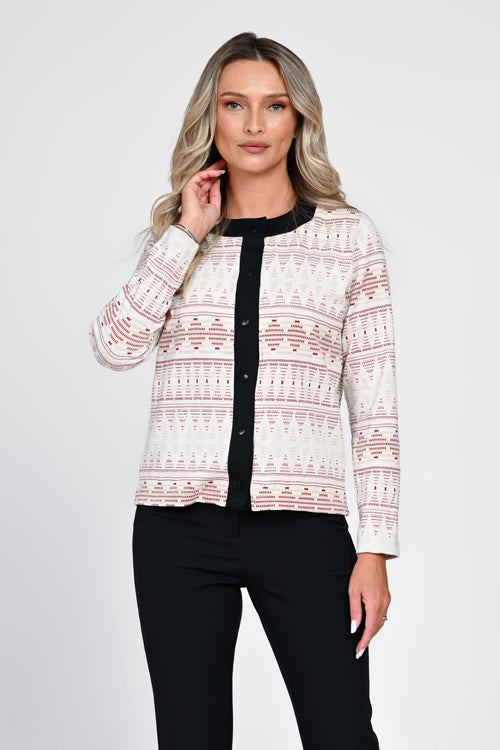 Cardigan damă crem cu model geometric bordo Adelina Natalee Fashion