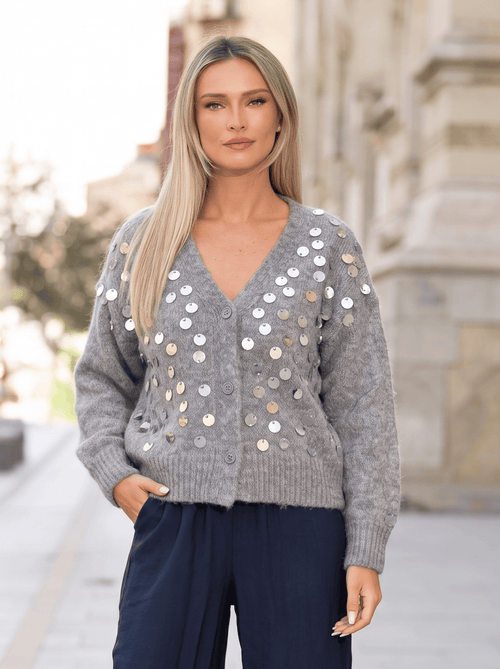 Cardigan damă gri cu aplicații strălucitoare Evelina Natalee