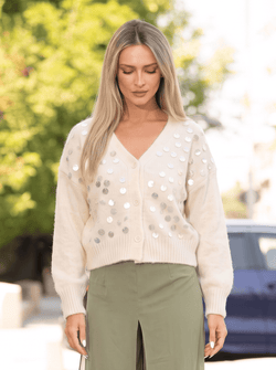 Cardigan damă ivoire cu aplicații strălucitoare Evelina Natalee
