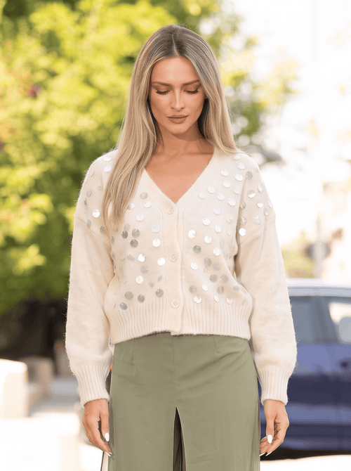 Cardigan damă ivoire cu aplicații strălucitoare Evelina Natalee