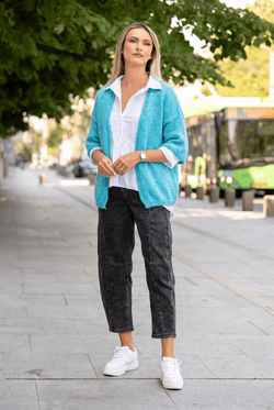 Cardigan oversize tricotat, cu mâneci 3/4, turcoaz Natalee