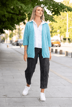 Cardigan oversize tricotat, cu mâneci 3/4, turcoaz Natalee