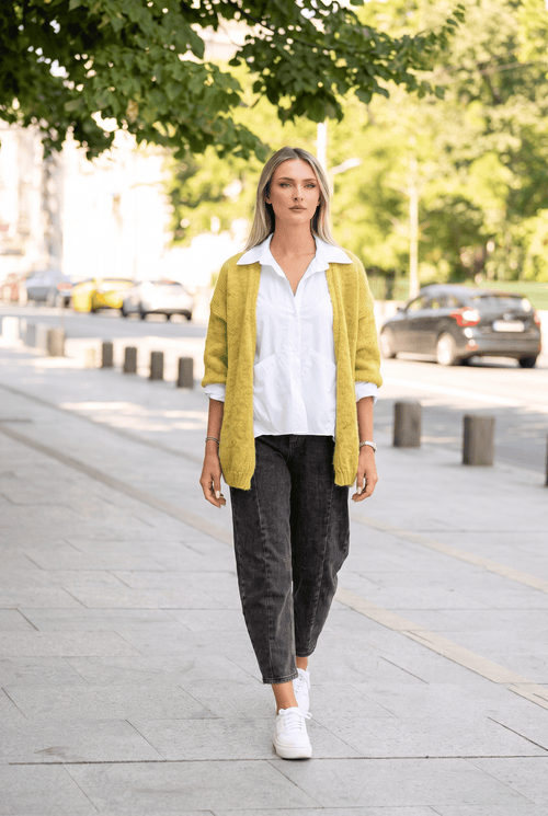 Cardigan oversize tricotat, cu mâneci balon, galben muștar Natalee