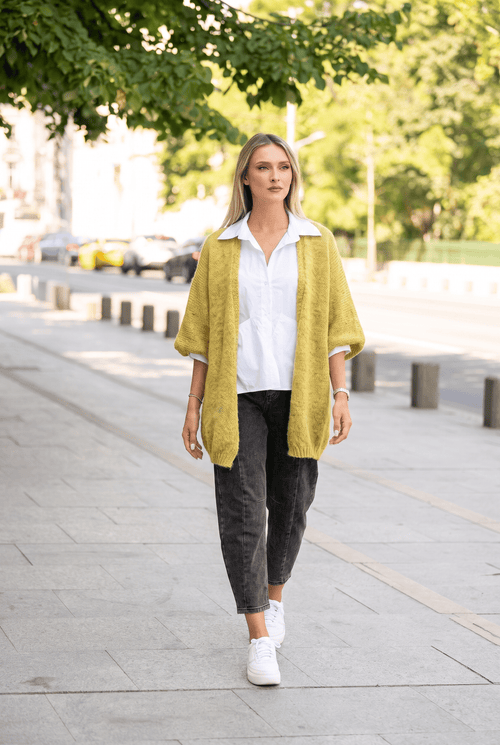 Cardigan oversize tricotat, cu mâneci balon, galben muștar Natalee