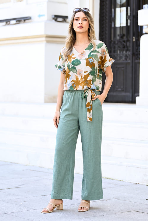 Compleu damă din viscoză cu imprimeu floral și pantaloni verde salvie – Selen Natalee