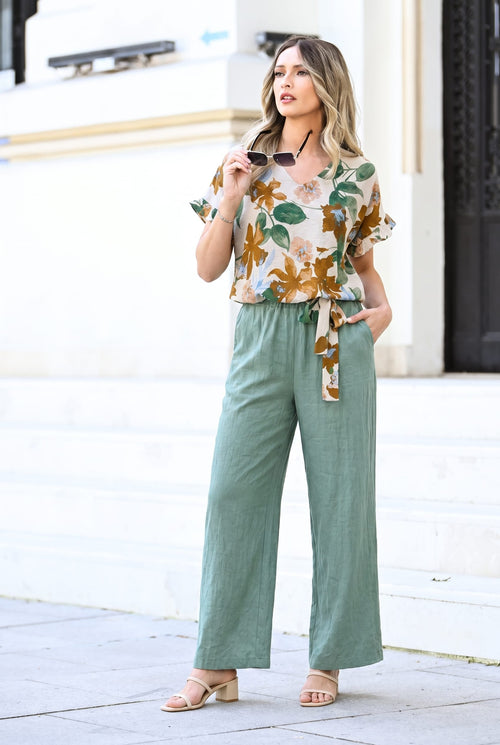 Compleu damă din viscoză cu imprimeu floral și pantaloni verde salvie – Selen Natalee