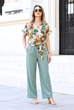 Compleu damă din viscoză cu imprimeu floral și pantaloni verde salvie – Selen Natalee