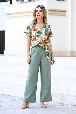 Compleu damă din viscoză cu imprimeu floral și pantaloni verde salvie – Selen Natalee