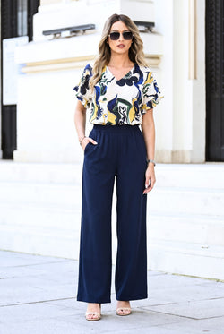Compleu damă din viscoză cu pantaloni bleumarin și bluză imprimată – Serena Natalee