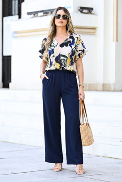 Compleu damă din viscoză cu pantaloni bleumarin și bluză imprimată – Serena Natalee