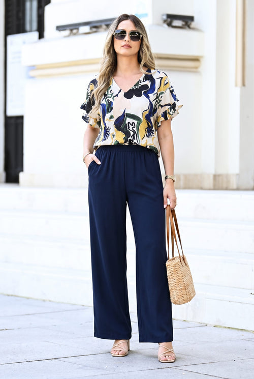 Compleu damă din viscoză cu pantaloni bleumarin și bluză imprimată – Serena Natalee