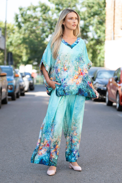 Compleu damă turcoaz din viscoză și mătase cu imprimeu artistic – Serena Natalee Fashion