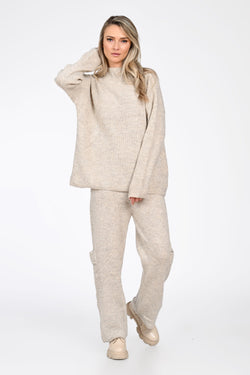 Compleu tricotat damă crem – set lejer și călduros cu bluză și pantaloni cargo Natalee Fashion