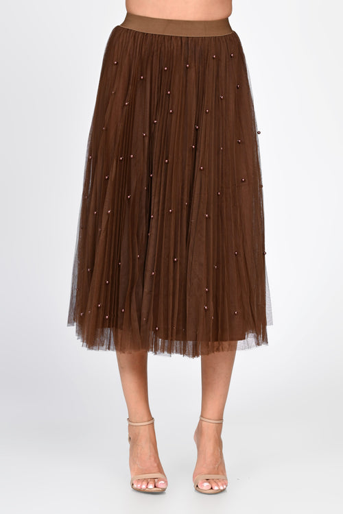 Fustă damă midi maro din tulle cu perle Sabina Natalee Fashion