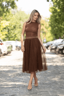 Fustă damă midi maro din tulle cu perle Sabina Natalee Fashion
