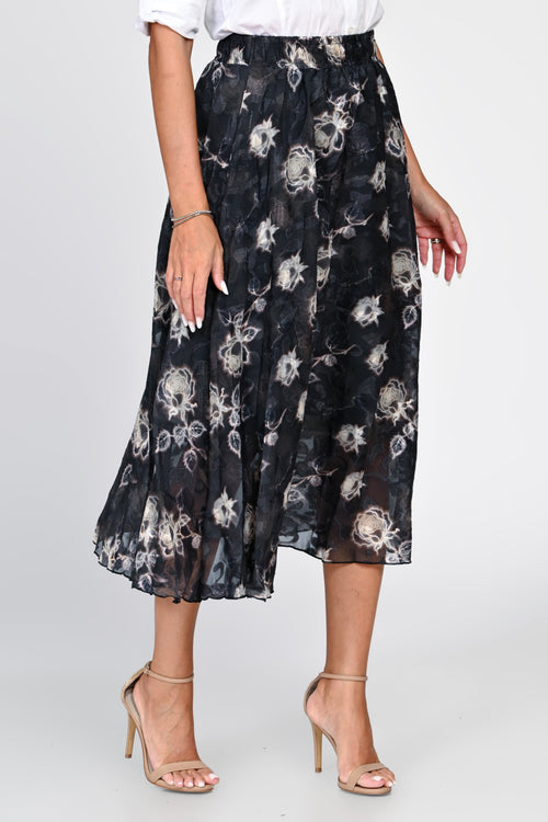 Fustă damă midi neagră cu imprimeu floral crem Elvira Natalee