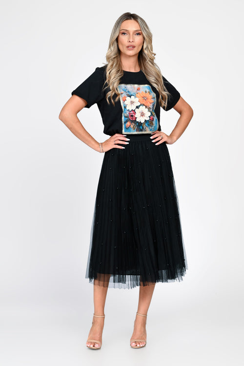 Fustă damă midi neagră din tulle cu perle Sabina Natalee Fashion