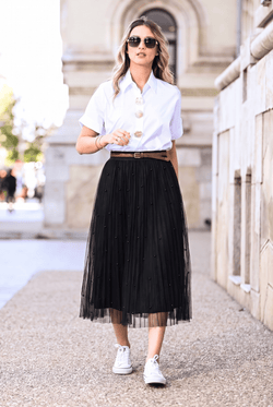 Fustă damă midi neagră din tulle cu perle Sabina Natalee Fashion