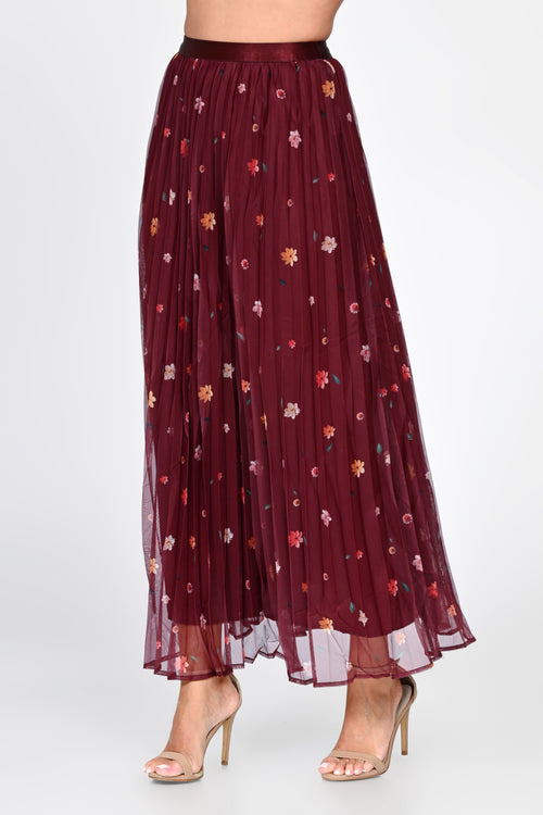 Fustă lungă bordo din tulle cu flori brodate Natalia Natalee