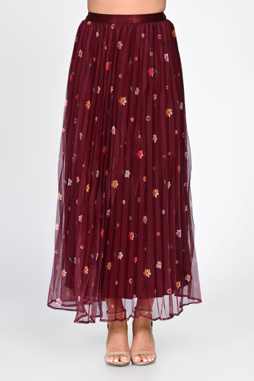 Fustă lungă bordo din tulle cu flori brodate Natalia Natalee
