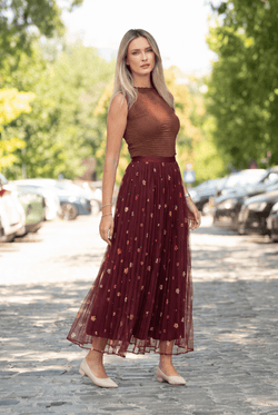 Fustă lungă bordo din tulle cu flori brodate Natalia Natalee