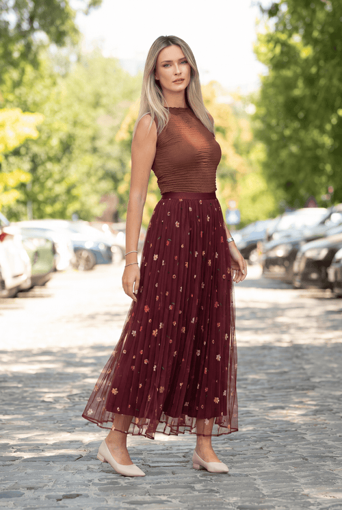 Fustă lungă bordo din tulle cu flori brodate Natalia Natalee