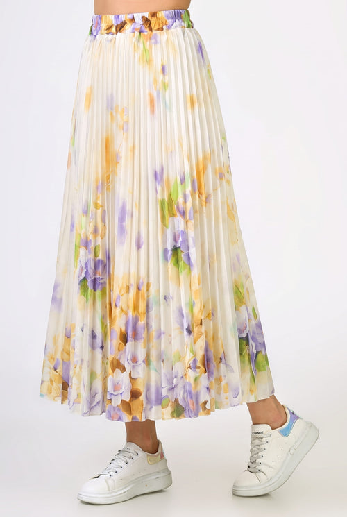 Fustă plisată ivoire cu imprimeu floral Lavinia Natalee