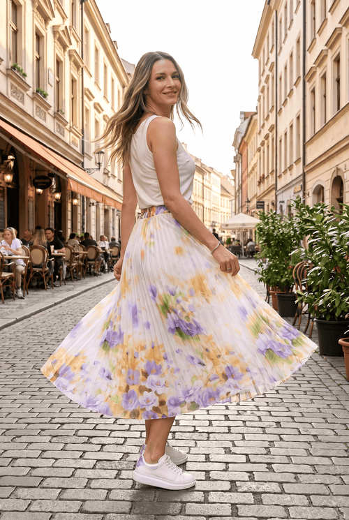 Fustă plisată ivoire cu imprimeu floral Lavinia Natalee