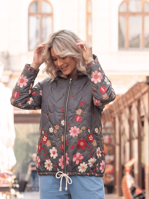 Geacă damă matlasată cu glugă și model floral Florina Natalee