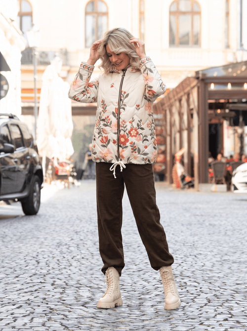Geacă damă matlasată cu glugă și model floral Florina Natalee