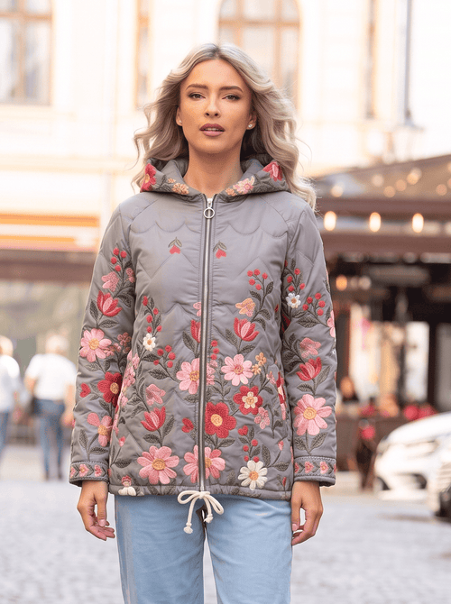 Geacă damă matlasată cu glugă și model floral Florina M/L / gri Natalee