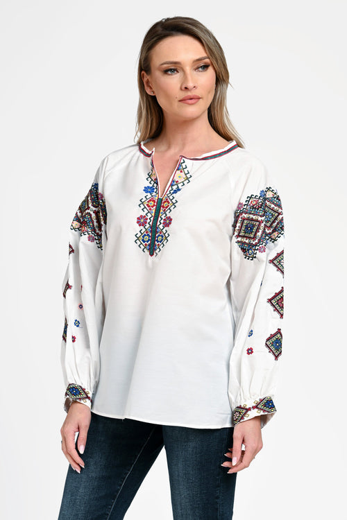 Ie damă albă cu broderie tradițională multicoloră Anastasia Natalee