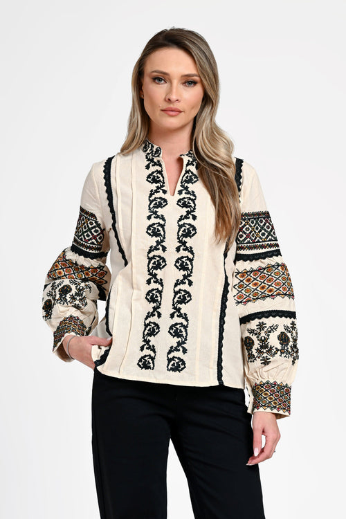 Ie damă crem cu broderie tradițională Elena Ethno Natalee Fashion