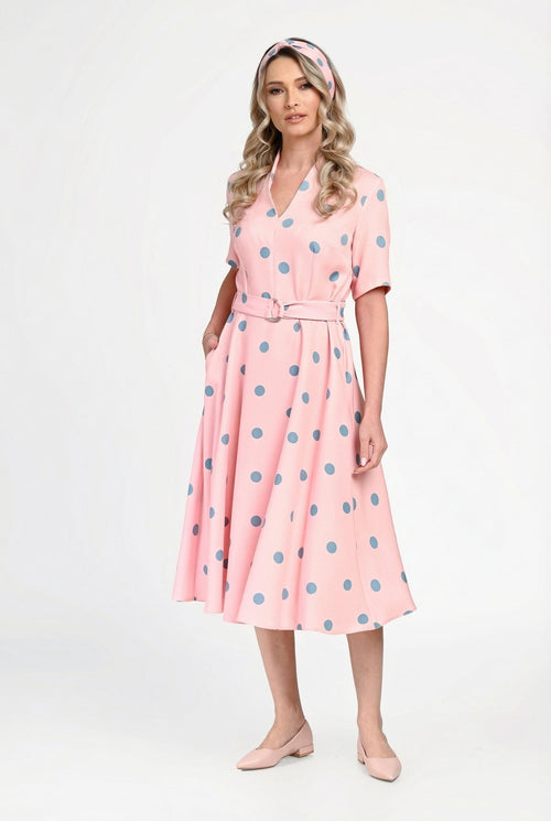 Rochie damă din bumbac cu buline și cordon în talie Bianca