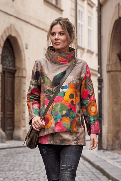 Jachetă damă taupe cu imprimeu floral Ruxandra Natalee