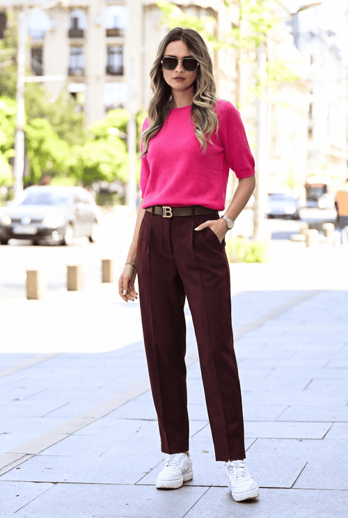 Pantaloni damă bordo cu pense și talie înaltă Dalia Natalee