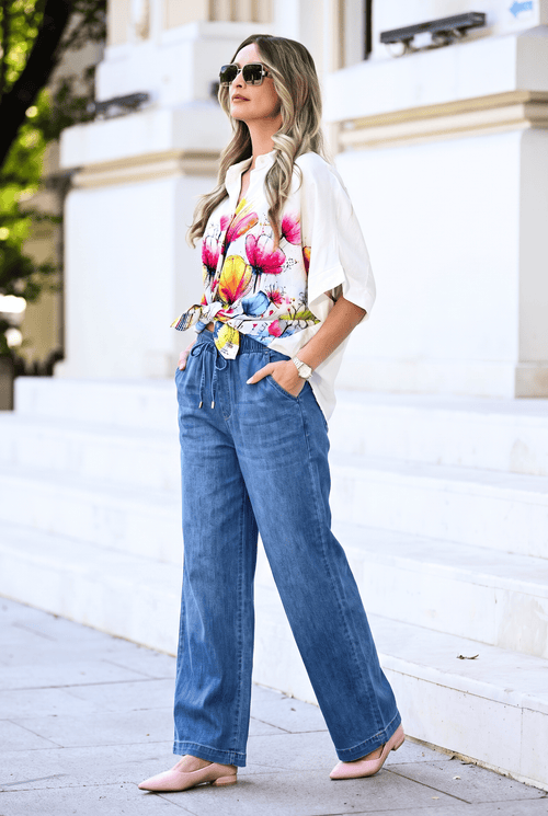 Pantaloni damă din denim subțire palazzo Sofia Natalee