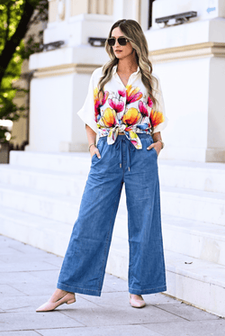Pantaloni damă din denim subțire palazzo Sofia Natalee